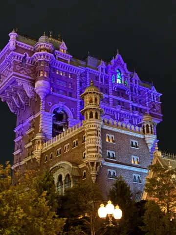 夜の城が紫に染まる光景
