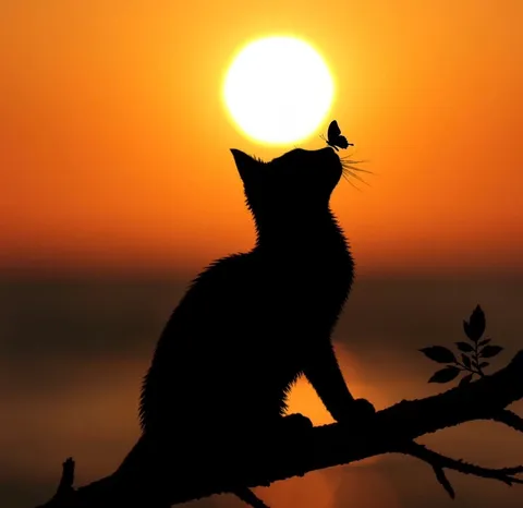 猫と蝶、夕暮れの神秘