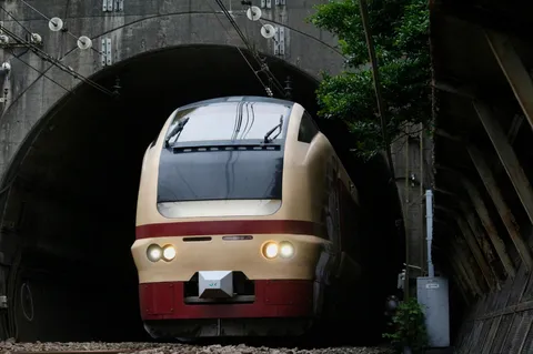 トンネルから現れる列車