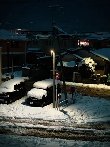 雪化粧の夜、静寂の街灯