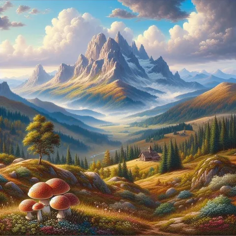 神秘的な山の風景、キノコとの対比