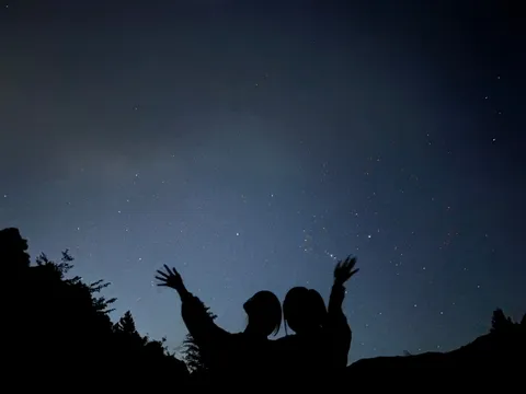 星空と手を挙げる影