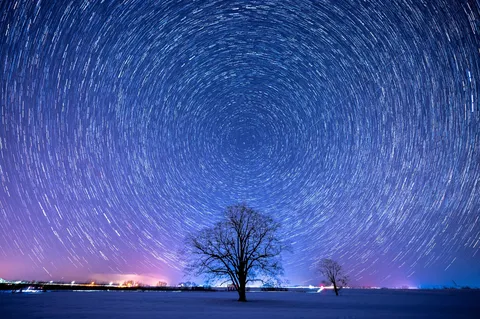 星の渦と雪原の木