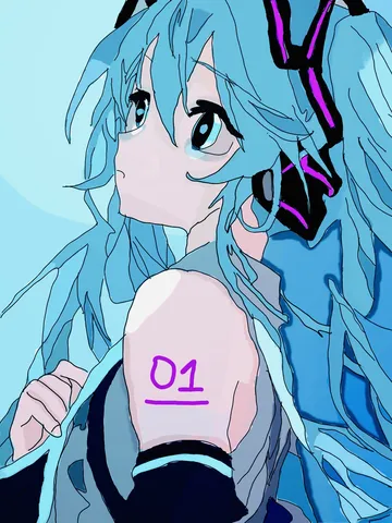 青い髪が目を引くデジタルイラスト