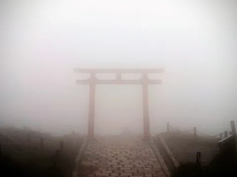 霧の中の鳥居、幻想的な入口