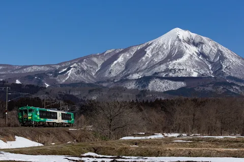 雪山と緑の列車の旅路
