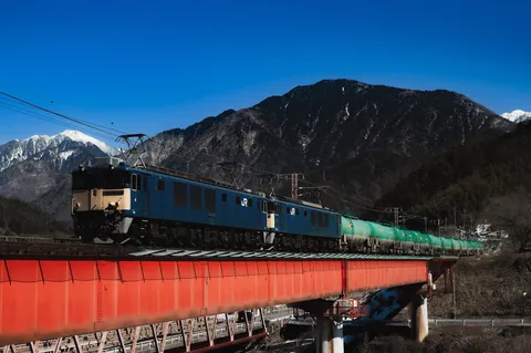 青い列車と赤い橋、雪山の競演