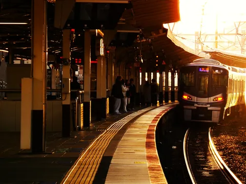黄金色に染まるホームの列車
