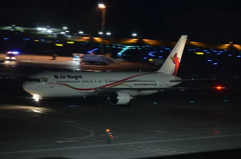 夜景の中を滑る旅客機