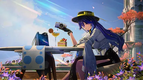 午後のテラスでカメラとケーキ