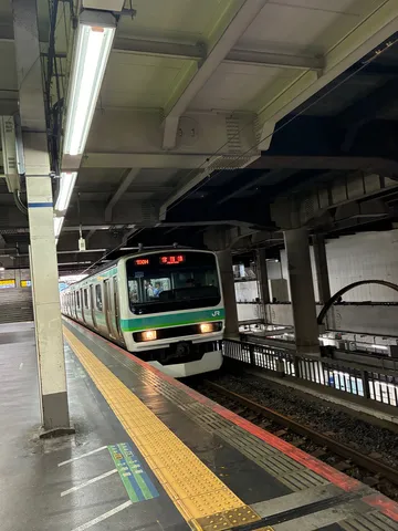 夜の駅ホームに停む緑の列車