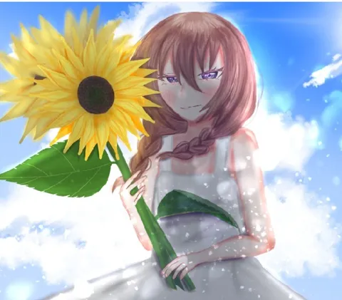 ひまわりと少女の夏空