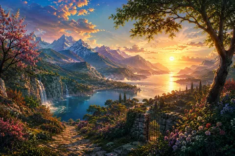 夕焼け彩る絶景山水！楽園への小道