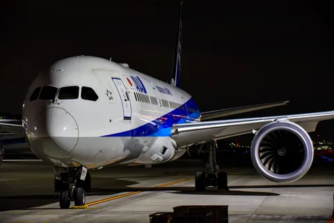 夜の滑走路に佇む大型旅客機