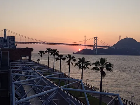 夕焼けに染まる大橋と椰子の木