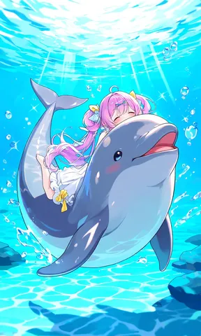 イルカと少女、水中冒険