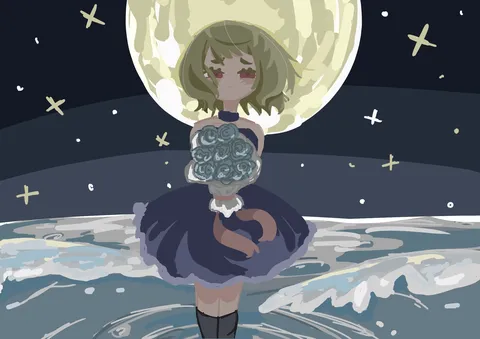 月夜に佇む少女、青いバラの花束