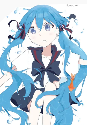 水と戯れる青髪少女