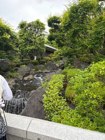 緑豊かな庭園のせせらぎ