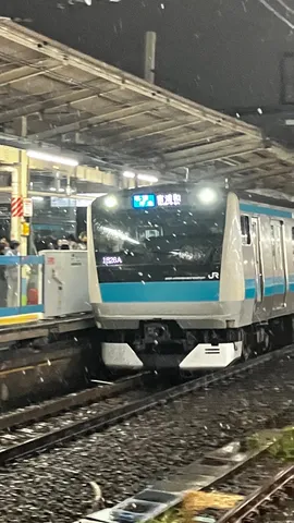夜の駅に降る雪と列車