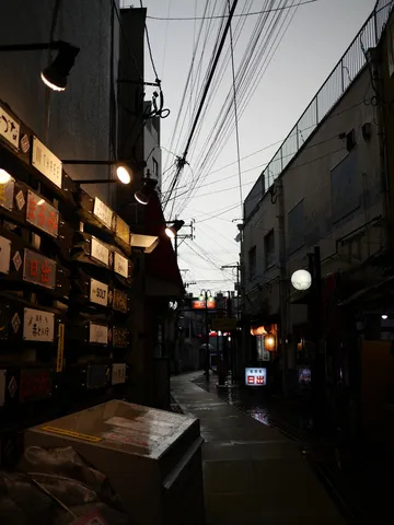 雨上がりの路地裏、灯りの残照