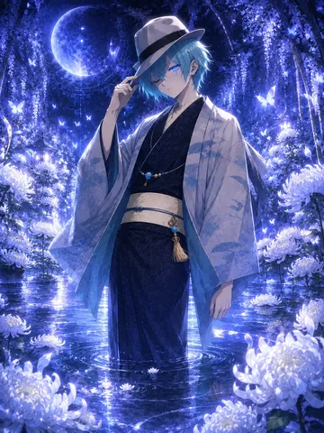 月夜の青い装いと花影