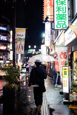 雨の夜、灯りの滲む道