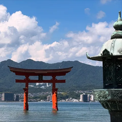 水辺の鳥居と山影の景色