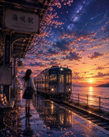 海峡駅、星空と夕焼けのホーム