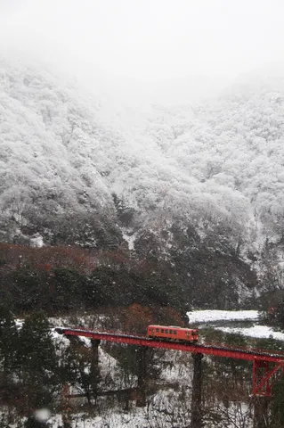雪化粧の山を渡る赤い列車