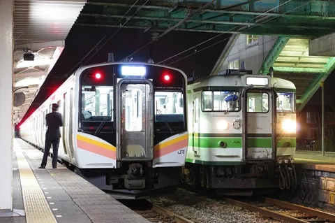 夜のホームに並ぶ二列車