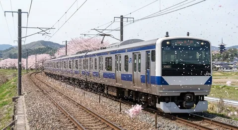 花吹雪と桜並木、春の列車旅