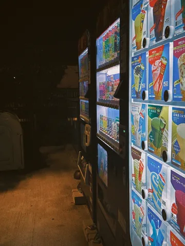 夜の自販機が映す光の列