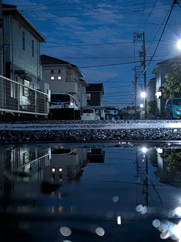 水たまりに映る、雨上がりの街灯り