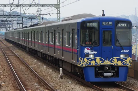 ハローキティと電車、青い世界
