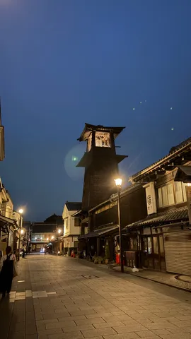 夜の町並みに木造塔の影