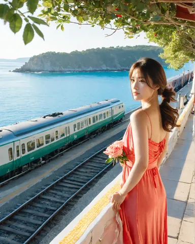 海辺の列車とドレス