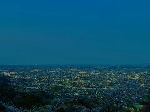 街と桜の幻想的な夜景