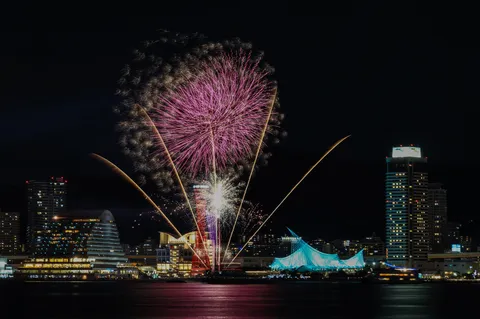 夜景を裂く花火の扇