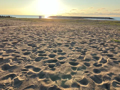 夕暮れの浜辺、砂の上の足跡