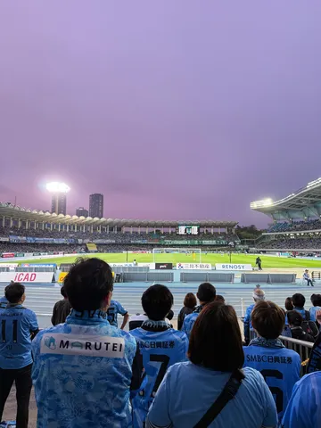 紫の夕景と青の観客席