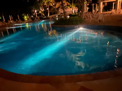 夜のプールに射す光の芸術