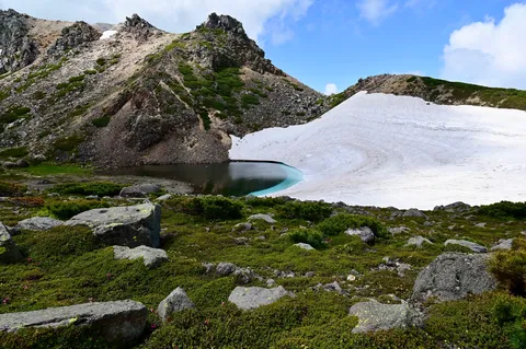 雪と緑の静かな湖畔