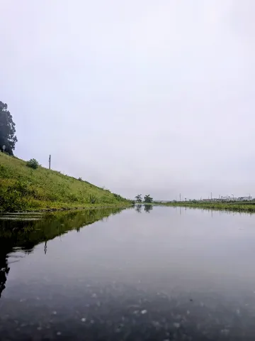 雨上がりの水面と緑の斜面