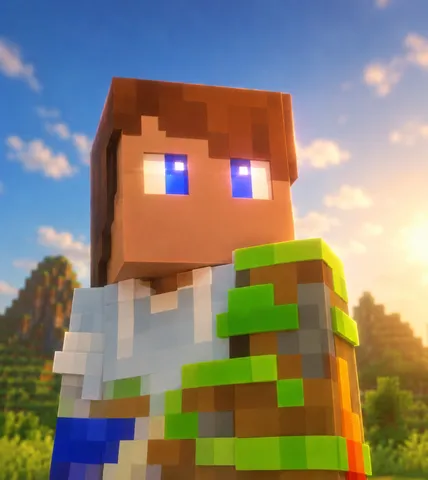 Minecraftの主人公が夕陽をみている