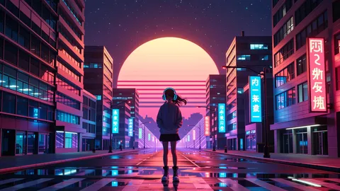 ネオンの街に沈む夕日