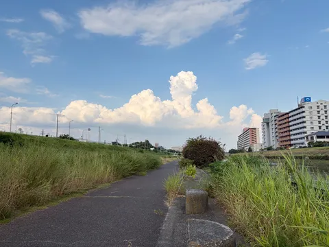川沿いの遊歩道、雲の造形美