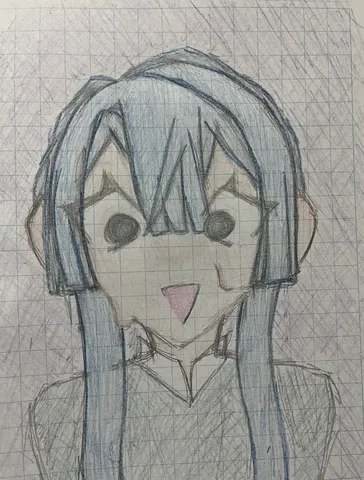 青髪と大きなヘッドホンの笑顔