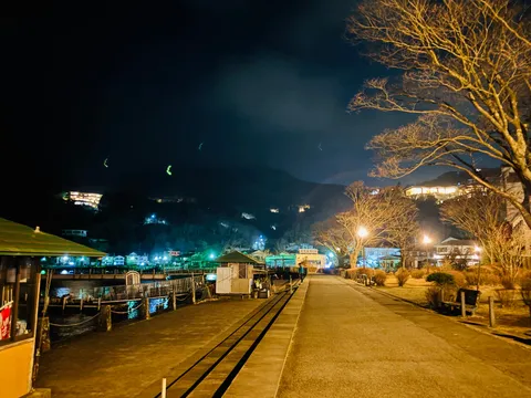 夜の湖畔、灯りの道