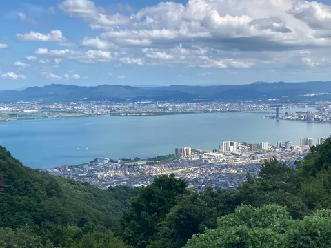 湖畔の街並みと緑の山々